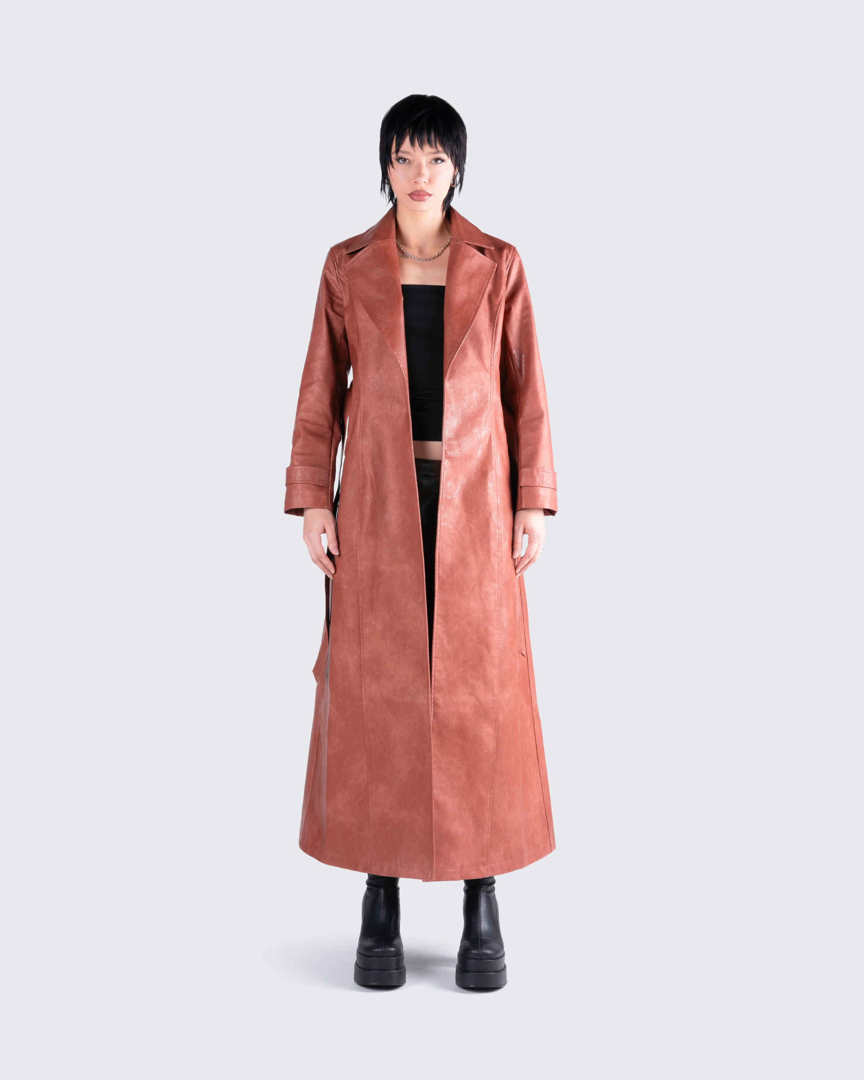 Lu Brown Vegan Leather Coat - Image 4