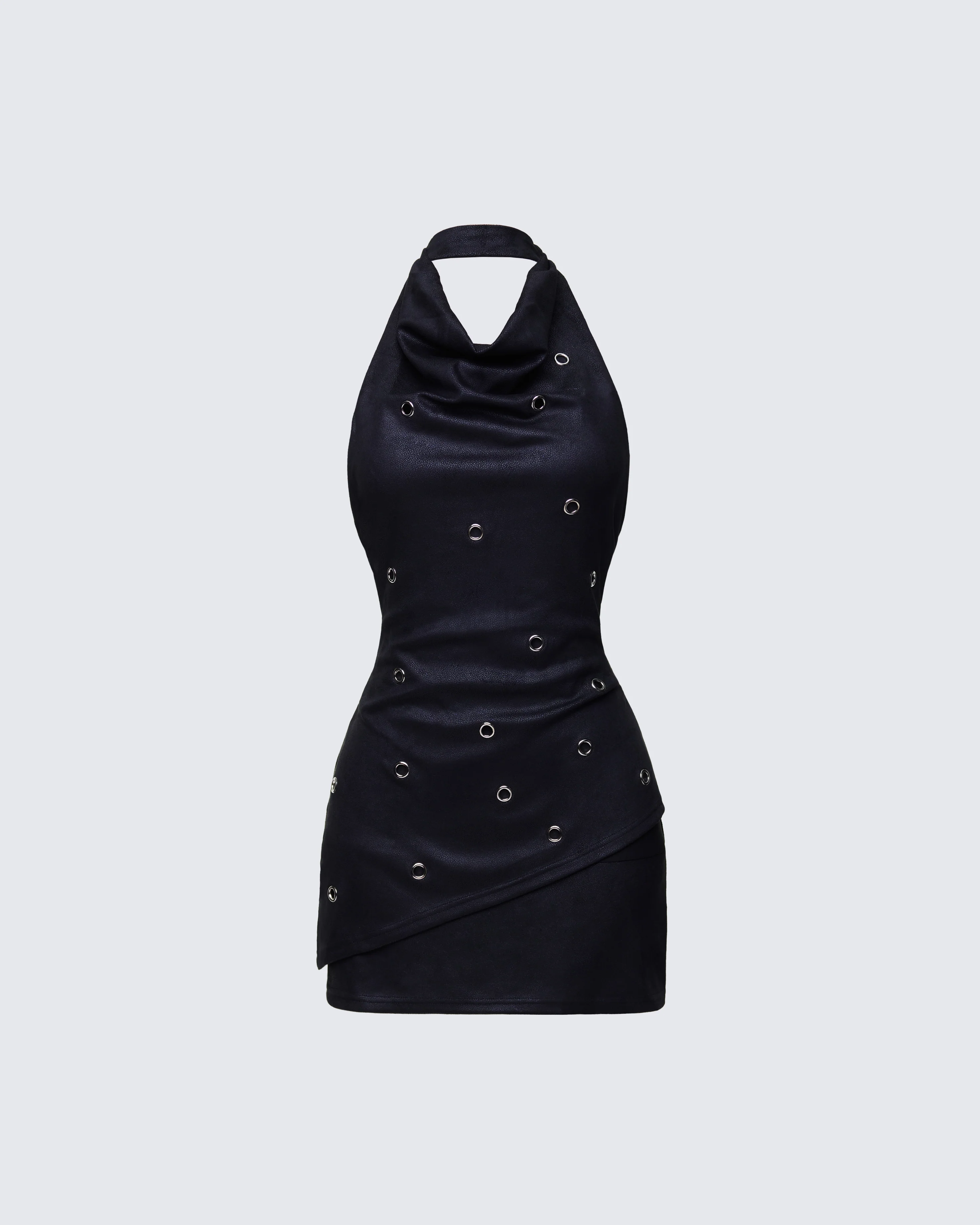 Mina Black Halter Eyelet Leather Look Dress