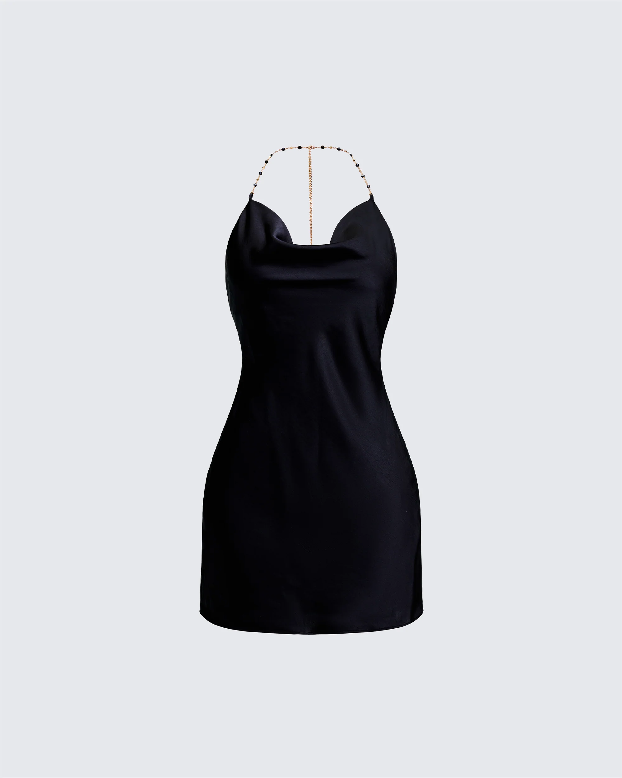 Soletta Black Satin Bias Cut Cowl Neck Mini Dress